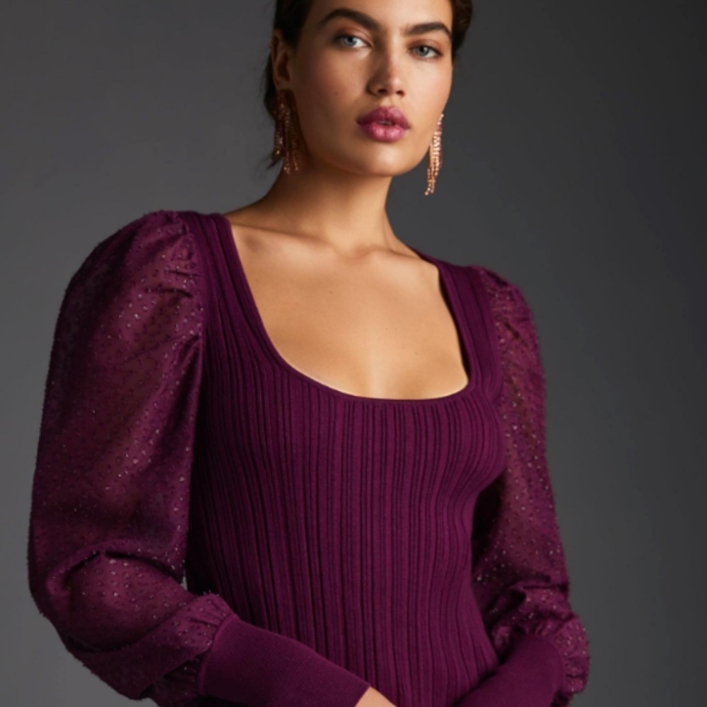 Anthropologie Puff-Sleeve Ribbed Blouse – XL – Romantic Modern